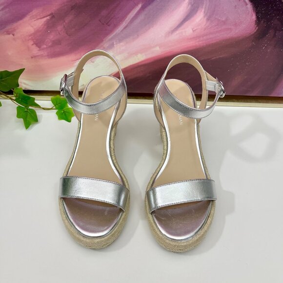 Stuart Weitzman Teddi Espadrille Leather Wedge Sandal in Silver Size 6 - Picture 5 of 10